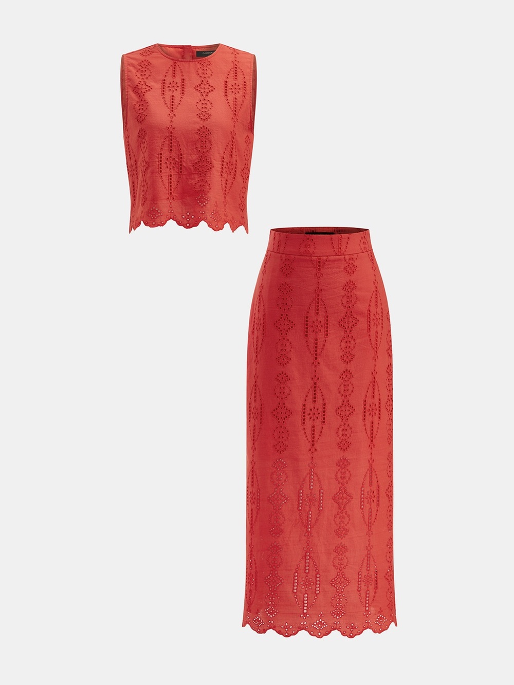 Commense Cotton Eyelet Embroidery Top Midi Skirt Set Red Size M NWT 2 Piece - Picture 2 of 15